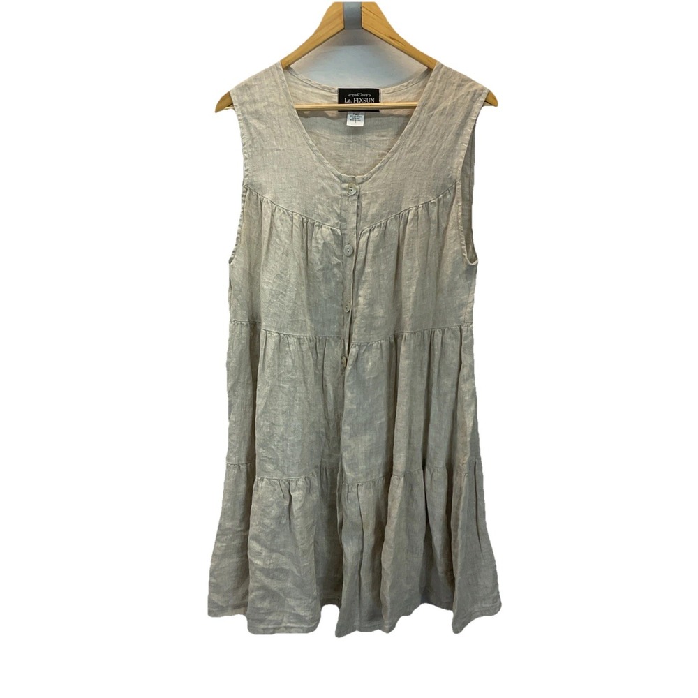 La Fixsun Linen Tank‎ Tiered Knee Dress Oversized Lagenlook Minimalist Sz SM Tan